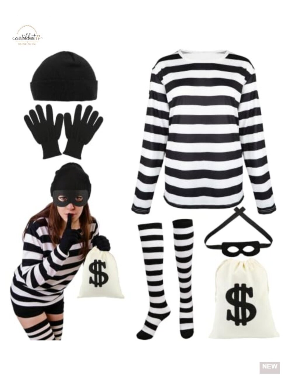 6 Pcs Women Robber Costume Set Striped Shirt Hat Eye Mask Money Bag Halloween